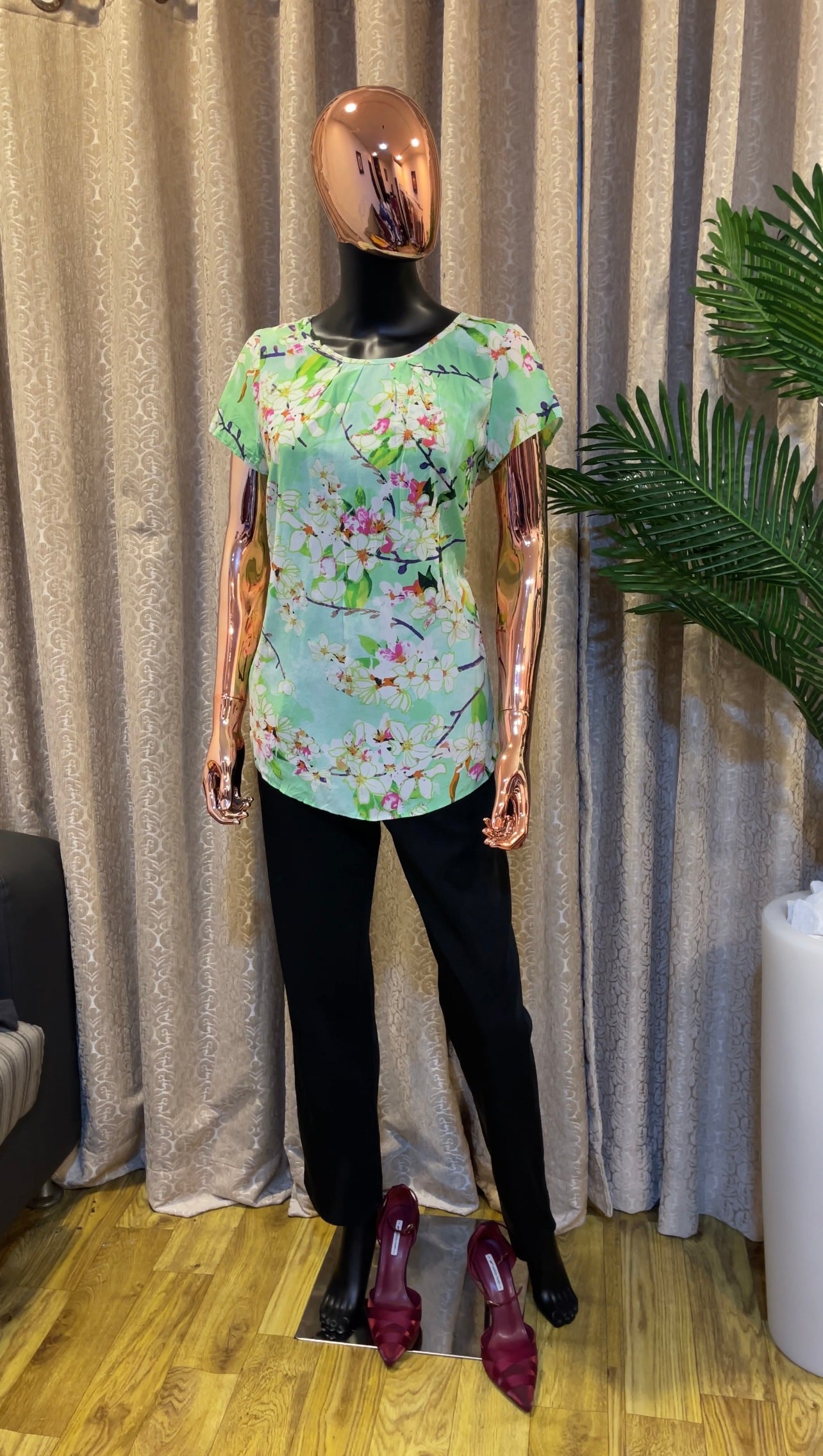 Green Flower Print Blouse