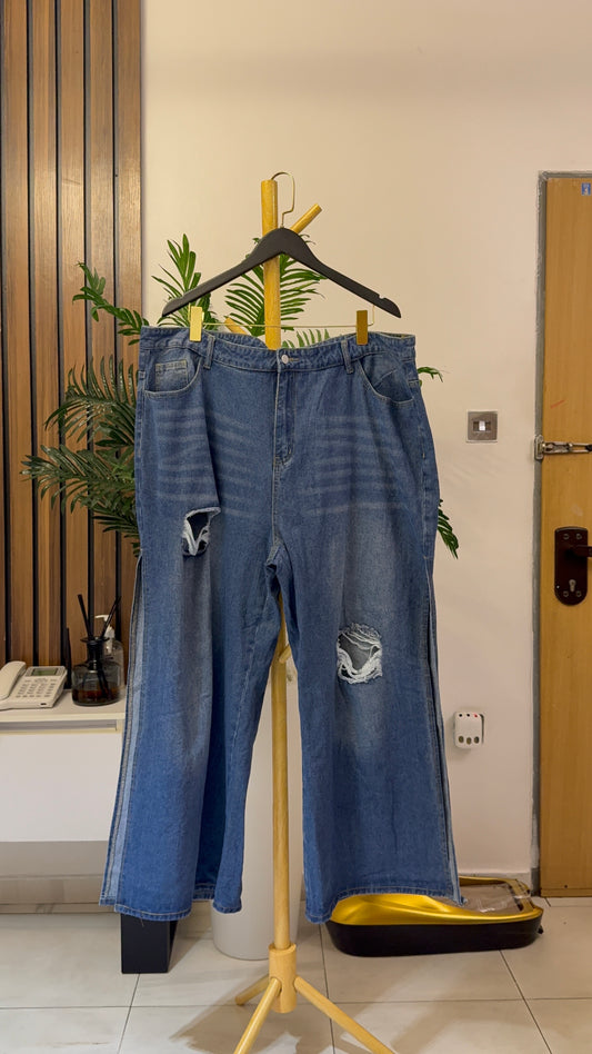 Blue Ripped Side-Slit Baggy Jeans